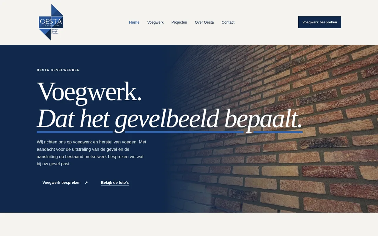 Schermafbeelding van de openbare Oesta Gevelwerken-website op desktop.